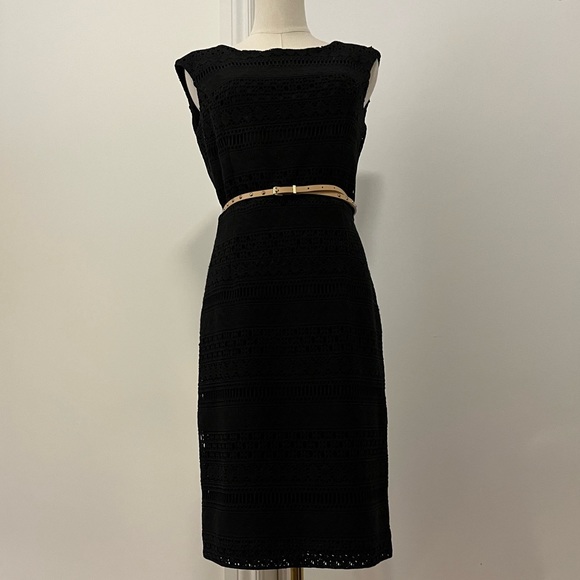 Ellen Tracy Black Dress Small Midi Work Office Dinner Party Textured Beige Belt - Picture 9 of 10